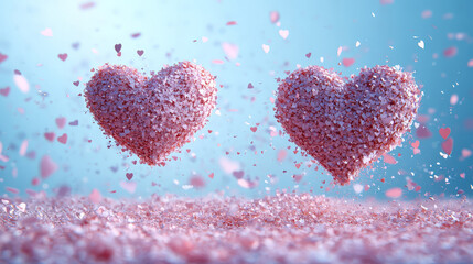 Obraz premium Pink Paper Hearts on Blue Background. Love Hearts. Abstract Romantic Banner. Valentine's Day Background