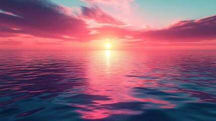 Fototapeta premium Pink Sunset Over Calm Ocean Waters Reflecting Sky