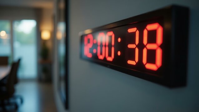 Close-up digital clock on wall marking productive meeting time organized by executive Smiling Hispanic entrepreneur pitching a business idea to investors