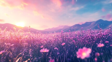 Serene Meadow With Pink Blossoms at Sunrise