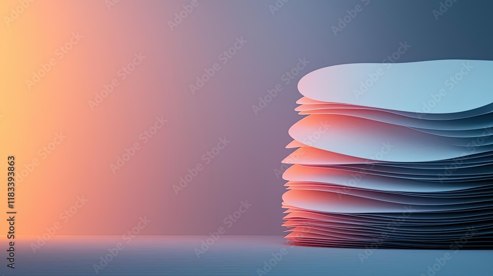 Poster layer abstract background concept. stacks of paper in ambient light showcasing modern office workspa