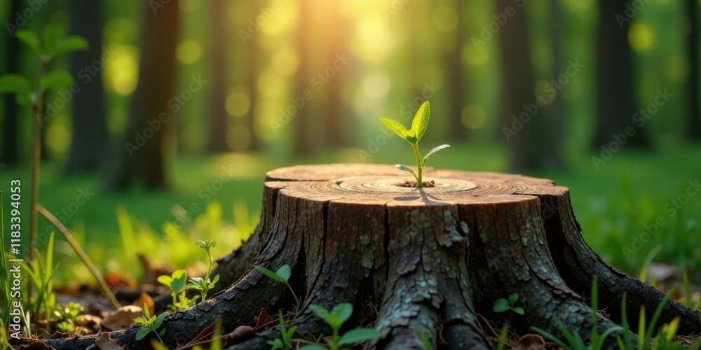 Poster new growth emerging from a tree stump in a sunlit forest