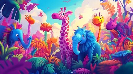 Brightly colored imaginary animals in 2D animation