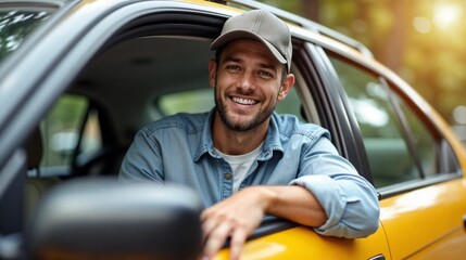 Smiling man in a denim shirt enjoying a sunny day while leaning out of a yellow car window in a forested area