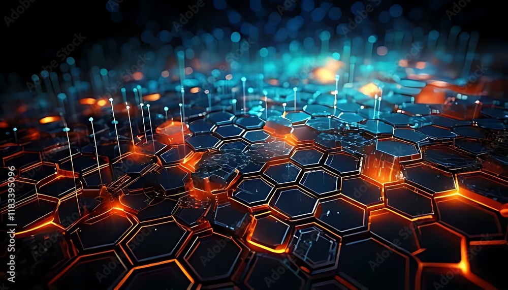 Poster digital hexagonal grid with orange and blue lights glowing in the dark.