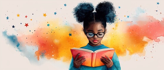 A young girl with glasses reads a book, surrounded by a colorful, starry background, showcasing imagination and the joy of learning.