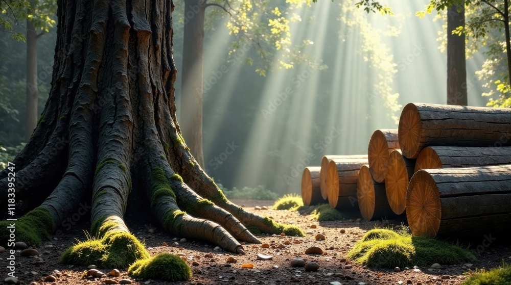 Poster sunlit forest scene ancient tree roots and stacked logs in misty woods