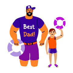 Protective dad and son holding rescue rings, flat sticker