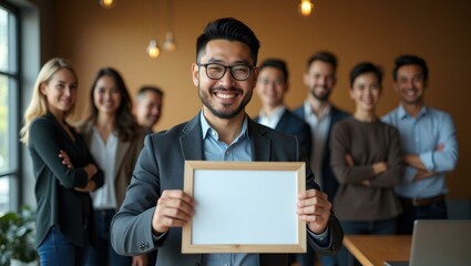 Man smiling with pride holding framed certificate of tech innovation Smiling Asian man launching a tech app with his team