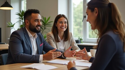 Manager gesturing in explanation while young employee takes attentive notes Smiling diverse team celebrating a project success