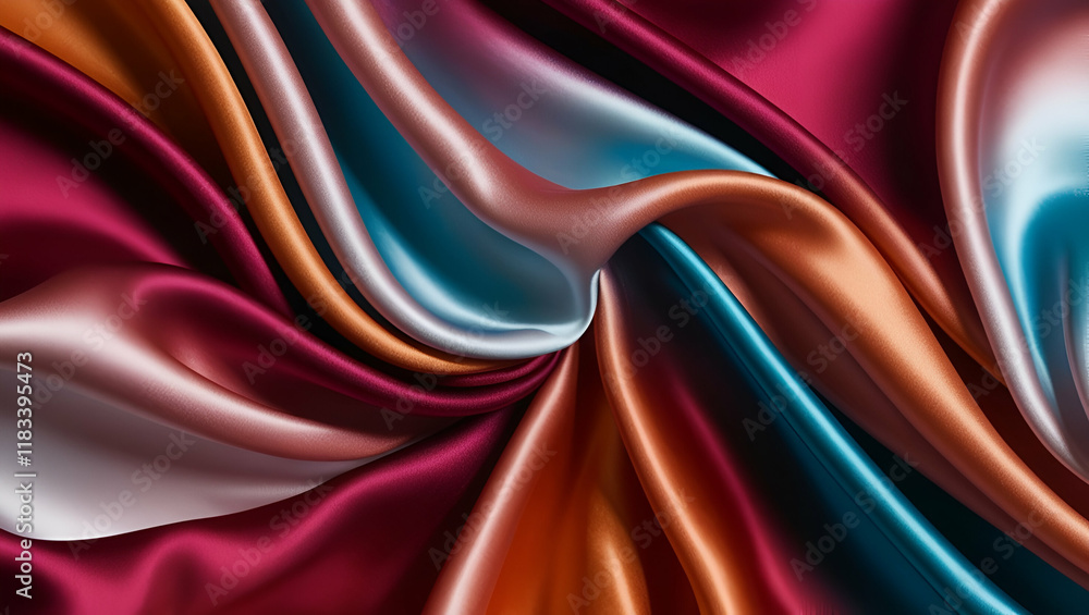 Poster a dynamic display of colorful flowing fabric, with soft, silky material transitioning through a seam