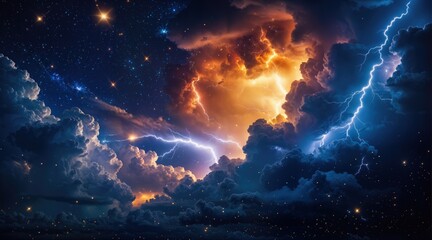 Obraz premium Dramatic Cosmic Thunderstorm with Lightning Bolts and Vibrant Clouds in Deep Space
