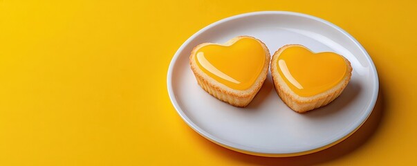 Elegant plate of heart shaped lemon tarts with glossy lemon curd, Valentines Day dessert, bright yellow background, fresh spring feel, 3D render