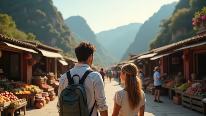 Scenic shot with couple beside guide overlooking breathtaking vistancestors cherished Smiling Caucasian solo traveler mingling with locals in a bustling market