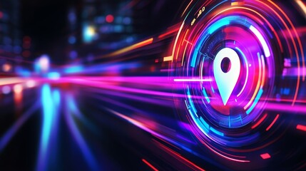 A vibrant graphic depicting a location pin surrounded by dynamic light trails.