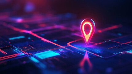 A digital map with a glowing location pin, symbolizing navigation and technology.