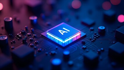 A glowing AI chip on a circuit board with a futuristic light effect