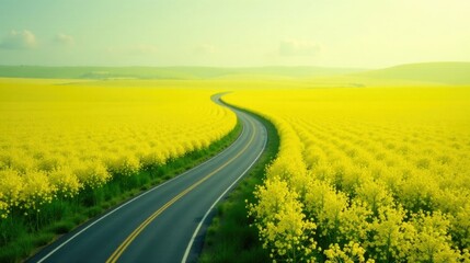 Asphalt ribbon winding through vibrant yellow fields of blossoming flowers on a sunny day