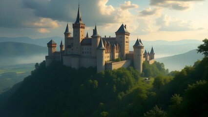 Fototapeta premium A historic castle or fort surrounded by lush greenery under a dramatic sky