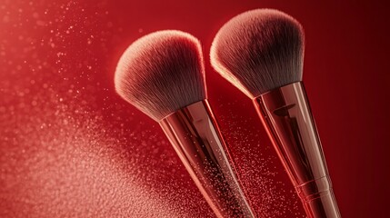 A macro close-up of three makeup brush red background