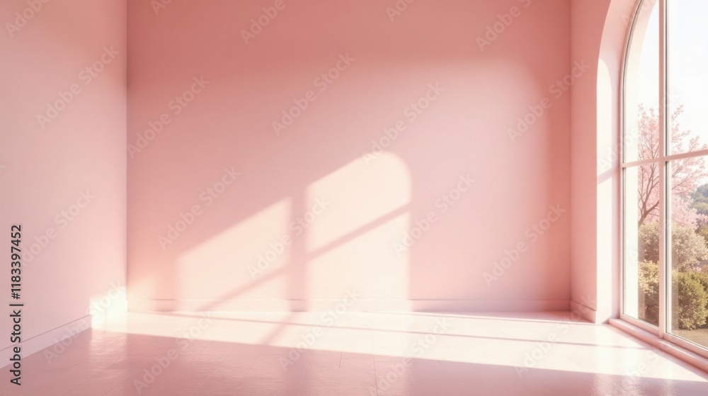 Poster Soft Pink Room with Sunlight Streaming Through Arch Window