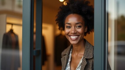 Close-up black black woman withexpression of pride and excitement as she welcomes guests Smiling Black woman opening her new boutique store