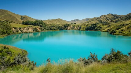 Naklejka premium Stunning turquoise lake surrounded by lush green hills, reflecting the clear sky, no people, ample copy space