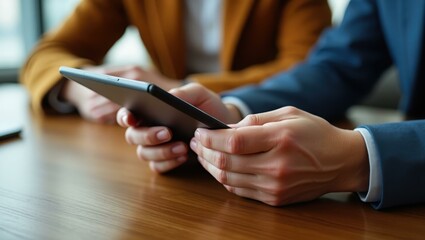 Close-up hands as mentor shares some personal insights using shared tablet Smiling Caucasian manager mentoring a young employee