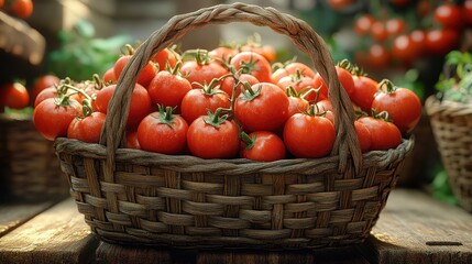 Ripe tomatoes in wicker basket, farm market, harvest