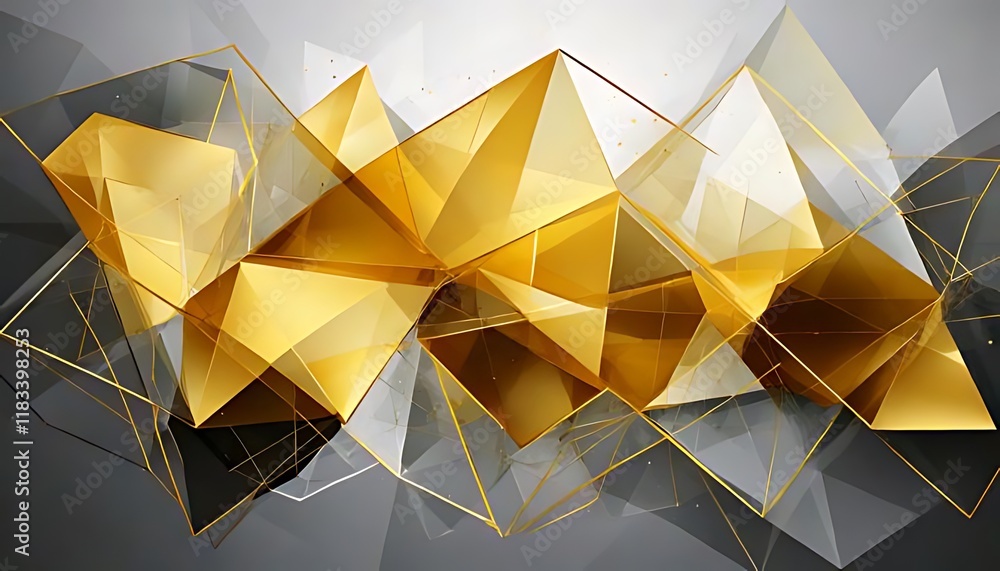 Poster golden polygonal structure floating on a gray background.