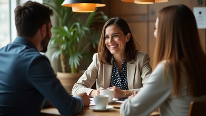 Cozy capture of team members collaborating over coffee discussing design tweaks and improvements Smiling Middle Eastern woman closing a business deal at a conference