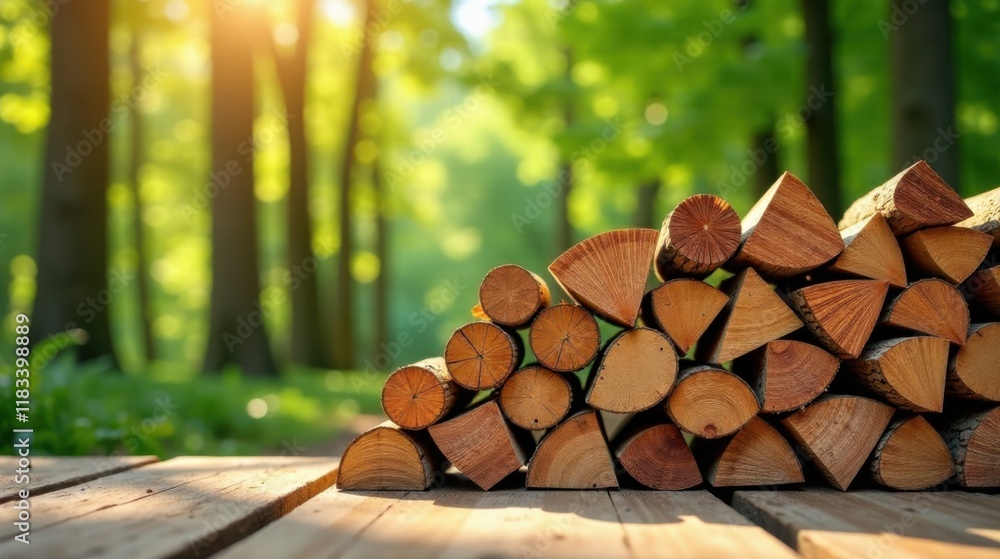 Aufkleber stack of neatly arranged wood logs on a wooden surface with a sunlit forest background