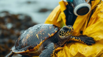 A volunteer in a yellow protective suit in a respirator rescues an animal from fuel oil (from contamination). An environmental problem. Fuel oil spill in the ocean.
