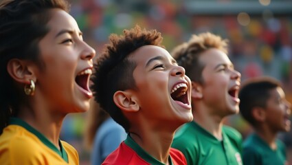 Family proudly singing along to team anthem with passion in their expressions Smiling Hispanic family cheering at a soccer match