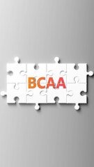 Bcaa complex like a puzzle - pictured as word bcaa on a puzzle pieces to show that bcaa is complex and needs cooperating pieces that fit together. ,3d illustration