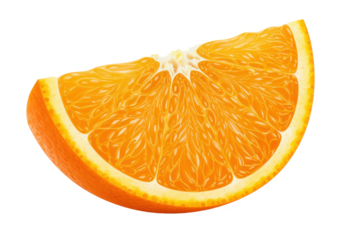 A juicy orange wedge with visible pulp and bright orange peel, isolated on white background