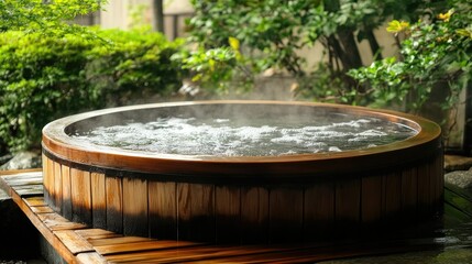 Traditional Japanese wooden onsen tub with steam rising, set in a serene outdoor setting, no people, ample copy space