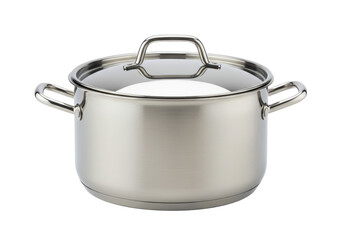 Shiny stainless steel cooking pot with two side handles and a fitted lid, isolated on white background
