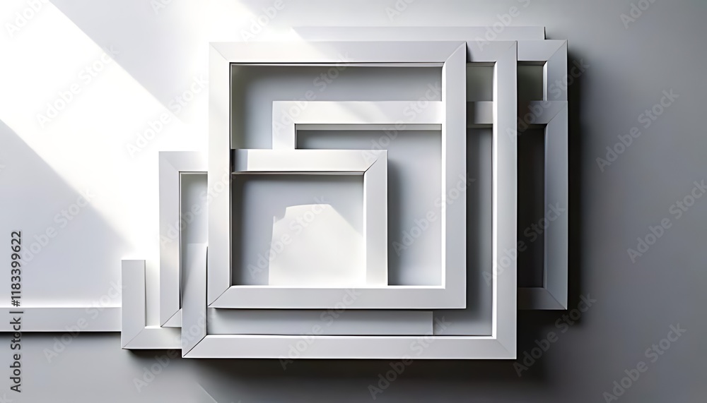Poster intersecting white frames create a complex, abstract, minimalist design under light.