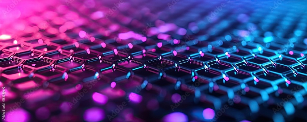 Poster matrix abstract background concept. futuristic hexagonal pattern glowing in vibrant blue and purple 