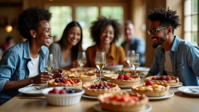 Group enjoying freshly baked pies bursting with farm-fresh fruit for dessert Smiling diverse group enjoying a farm-to-table dining experience