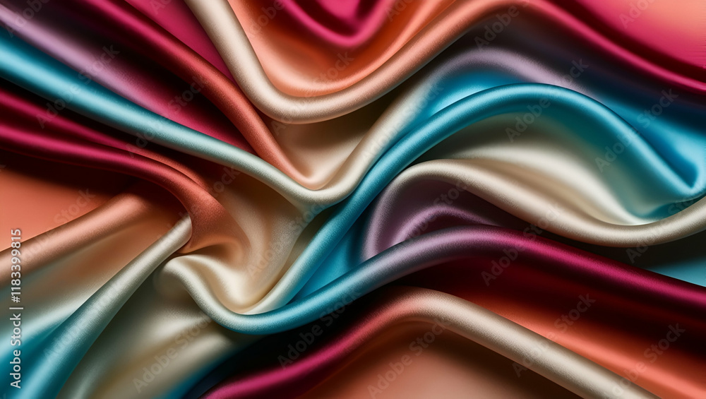 Poster a graceful scene of colorful flowing fabric, its soft, silky material displaying dynamic gradient te
