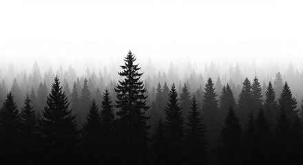Silhouettes of coniferous trees in the forest. Misty forest silhouette, serene nature.