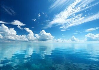 Serene Ocean Scene with Tranquil Waters and Bright Blue Sky Under Fluffy White Clouds