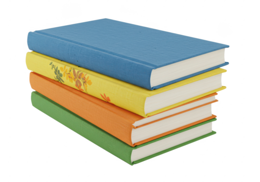 A stack of four hardcover books with colorful covers, isolated on white background