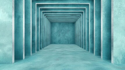 Watercolor abstract background idea. Abstract architectural space with mesmerizing teal walls and symmetrical design.