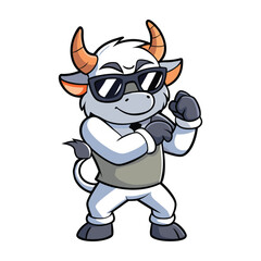 Cartoon bull is in action pose wearing sunglass vector art illustration.eps