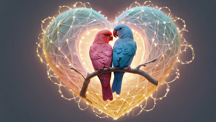 Two Lovebirds Perched Inside a Glowing Heart Outline, Stitched in Soft Pastel Colors with Radiant White and Silver Thread Details, Perfect for Valentine’s Day, AI-generated