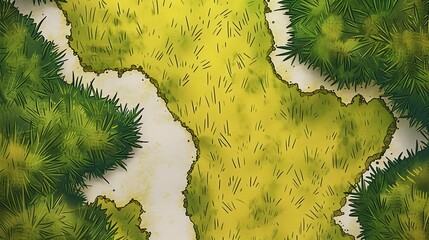 Top down view aerial view from a satellite of a hand drawn cartoon field of grass, thick ink lines, 2d vector tabletop asset, the ground is a smooth uniform flat texture