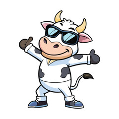 Cartoon cute cow is in enjoying pose wearing sunglass vector art illustration.eps